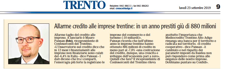 MAURO PAISSAN: CREDITO ALLE IMPRESE, DALLE PAROLE AI FATTI.

ADIGE 23 SETTEMBRE 2019