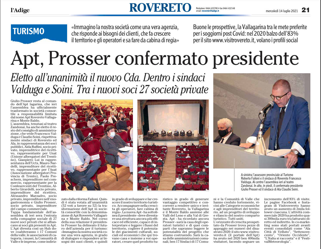 Apt, Prosser confermato presidente. L'Adige, 14 luglio 2021