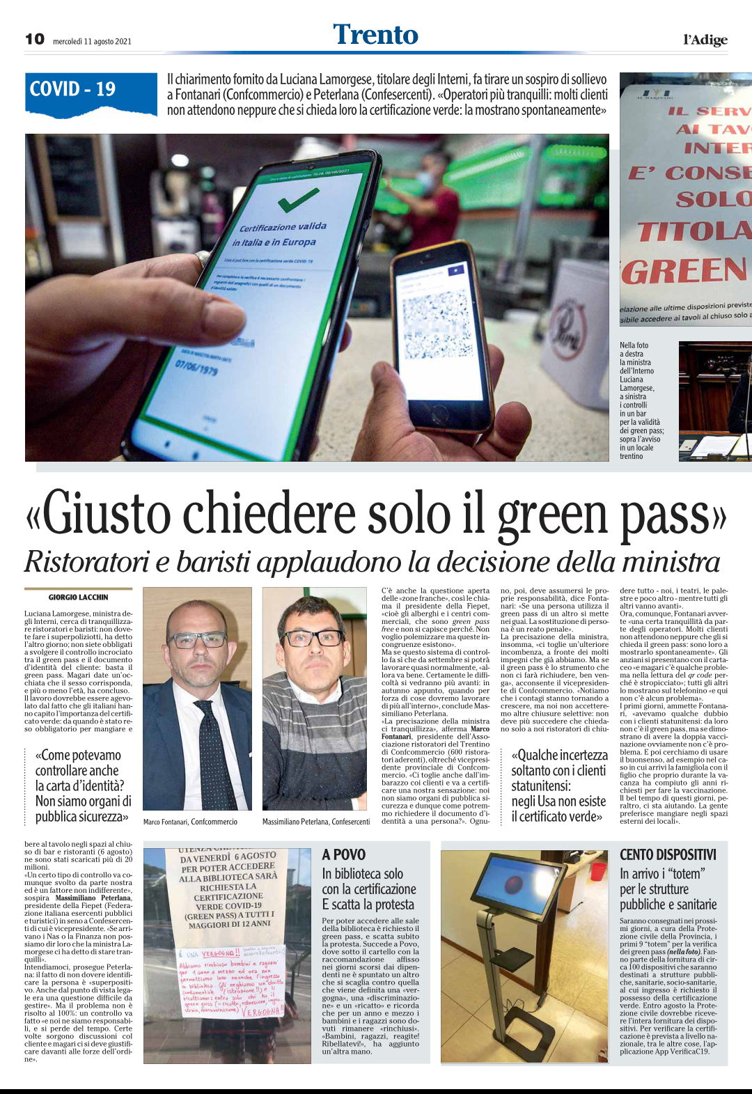 "Giusto chiedere solo il green pass" ristoranti e baristi applaudono la decisione della ministra; L'Adige, 11 agosto 2021.