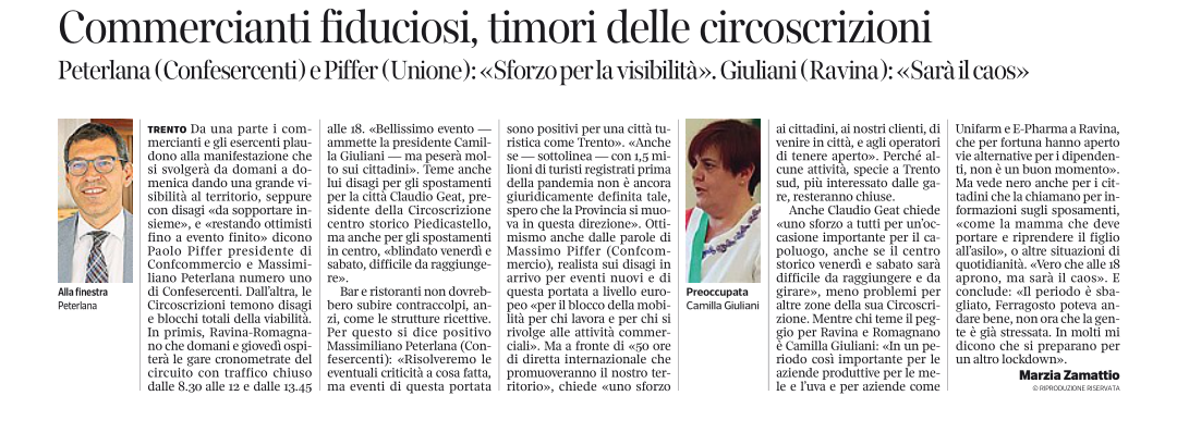 Commercianti fiduciosi, timori delle circoscrizioni. Corriere del Trentino, 7 settembre 2021.