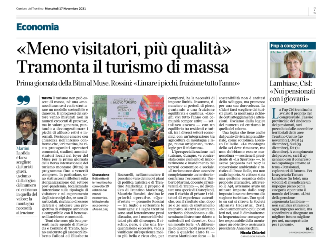 XXII BITM: "Meno visitatori, più qualità" Tramonta il turismo di massa. Corriere del Trentino, 17 novembre 2021.