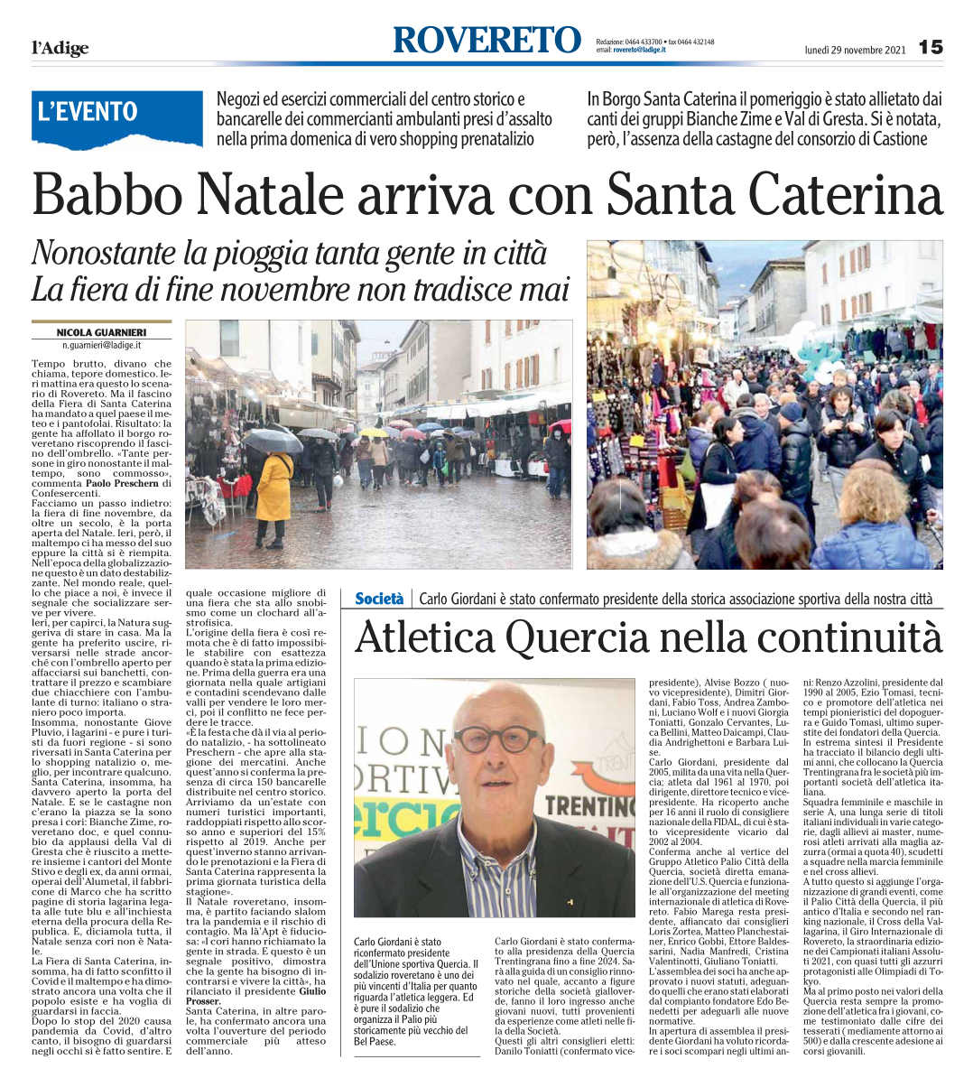 Paolo Preschern - "Babbo Natale arriva con Santa Caterina"; L'Adige, 29 novembre 2021.