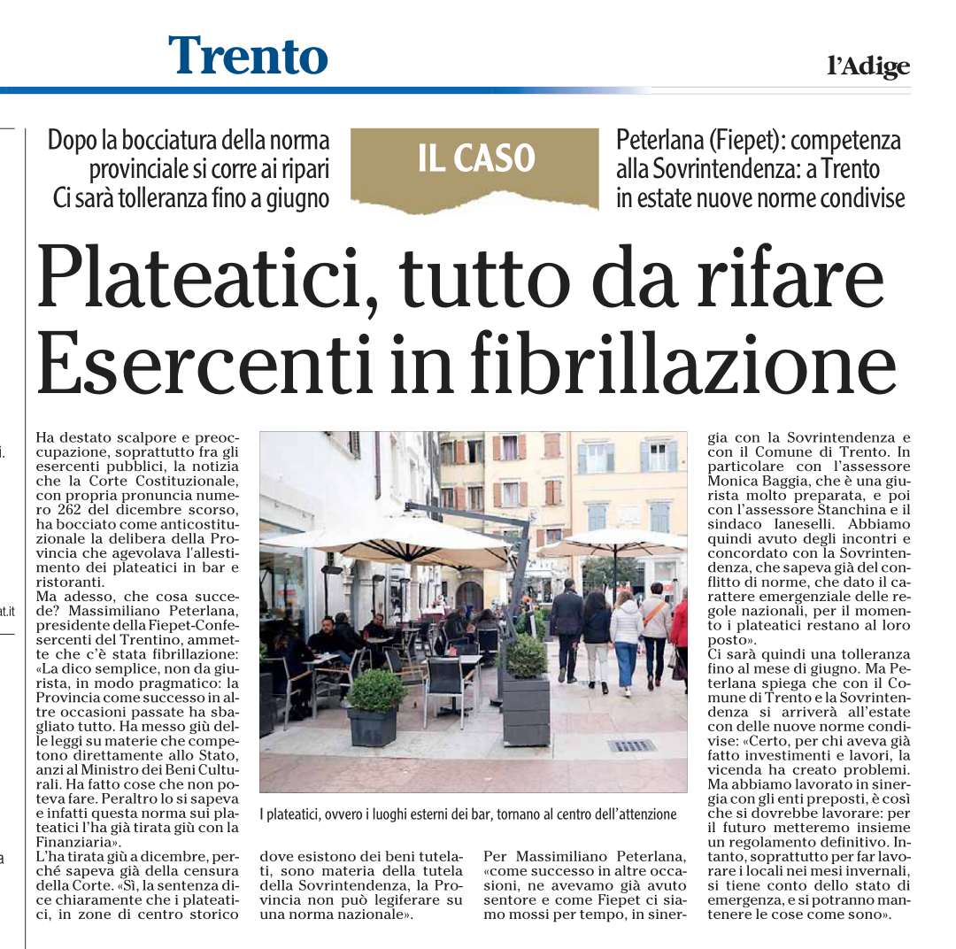 Plateatici tutto da rifare, gli esercenti in fibrillazione. Massimiliano Peterlana Adige 22 gennaio 2022.