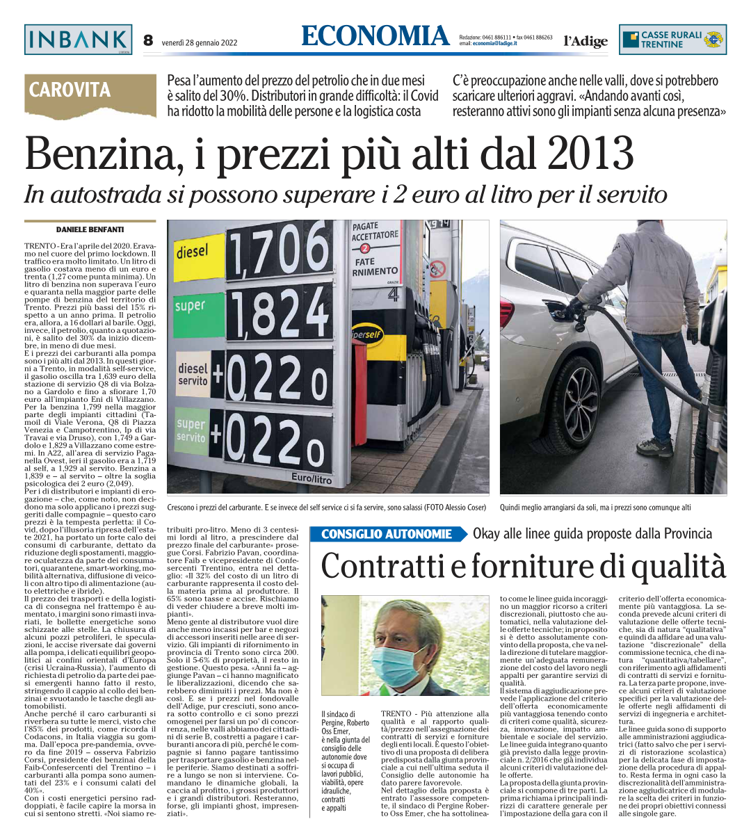 "Benzina, i prezzi più alti dal 2013" - Federico Corsi, FAIB del Trentino; L'Adige, 28 gennaio 2022.