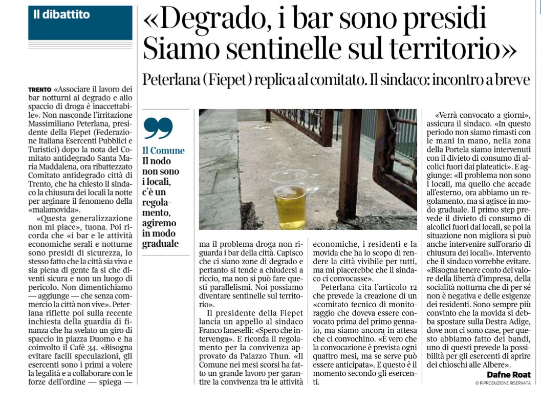 Degrado, i bar sono presidi sul territorio. Massimiliano Peterlana presidente FIEPET aderente Confesercenti del Trentino.Corriere del Trentino 19 marzo 2022.