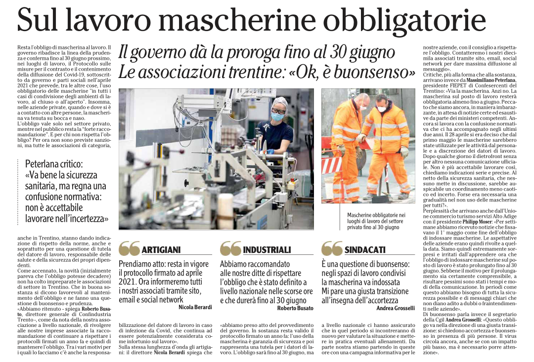 "Va bene la sicurezza sanitaria, ma

regna una confusione normativa: non è accettabile

lavorare nell'incertezza" - Massimiliano Peterlana,

Vicepresidente Confesercenti del Trentino; L'Ad