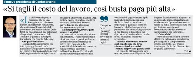 Tagli al costo del lavoro, così busta paga più alta. Intervista al presidente Mauro Paissan , Corriere del Trentino 28 settembre 2022.