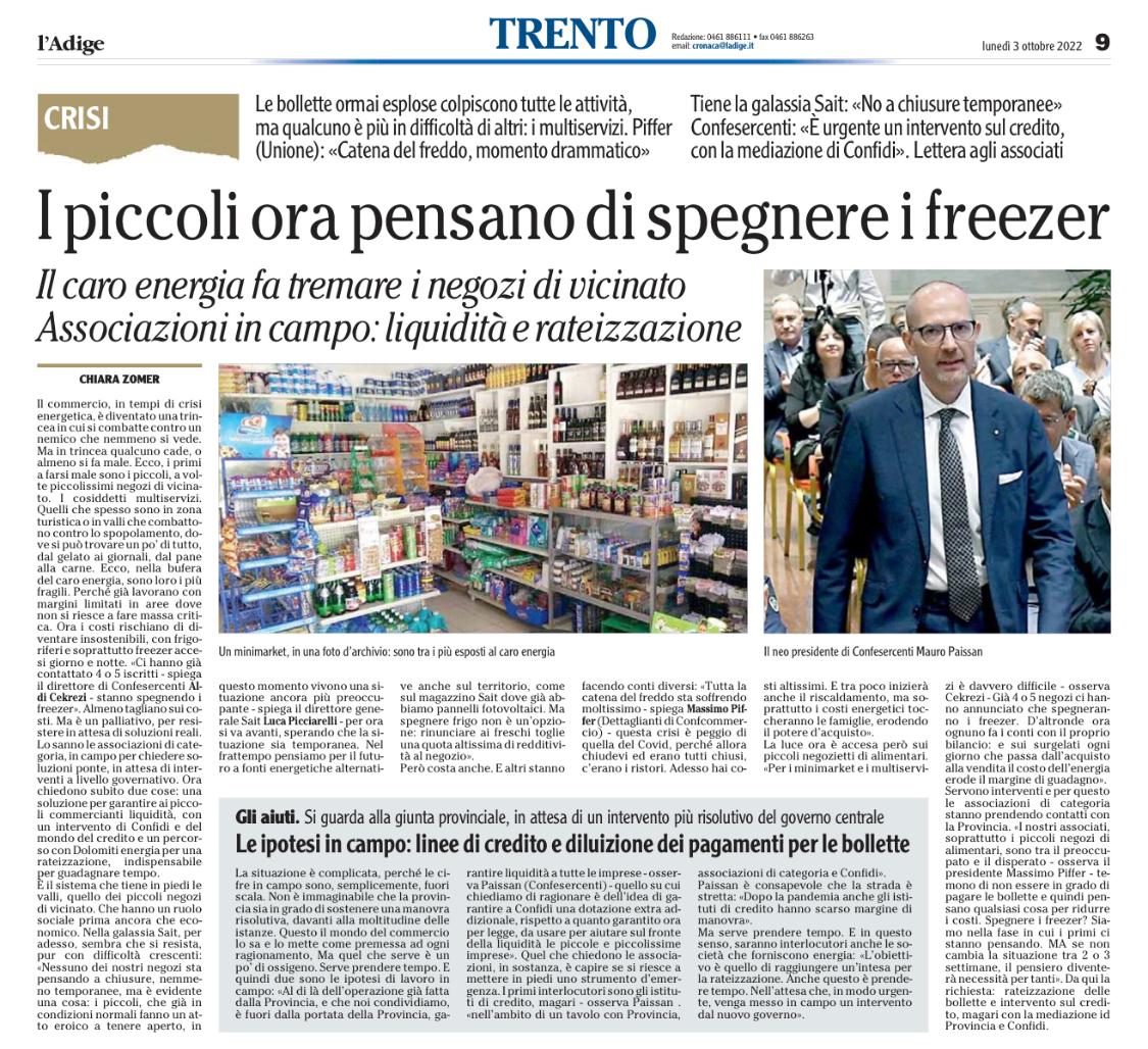 Il caro energia fa tremare gli esercizi di vicinato. La Confesercenti chiede rateizzazione e liquidità per le imprese. Intervista al presidente Mauro Paissan dall'Adige 3 ottobre 2022.
