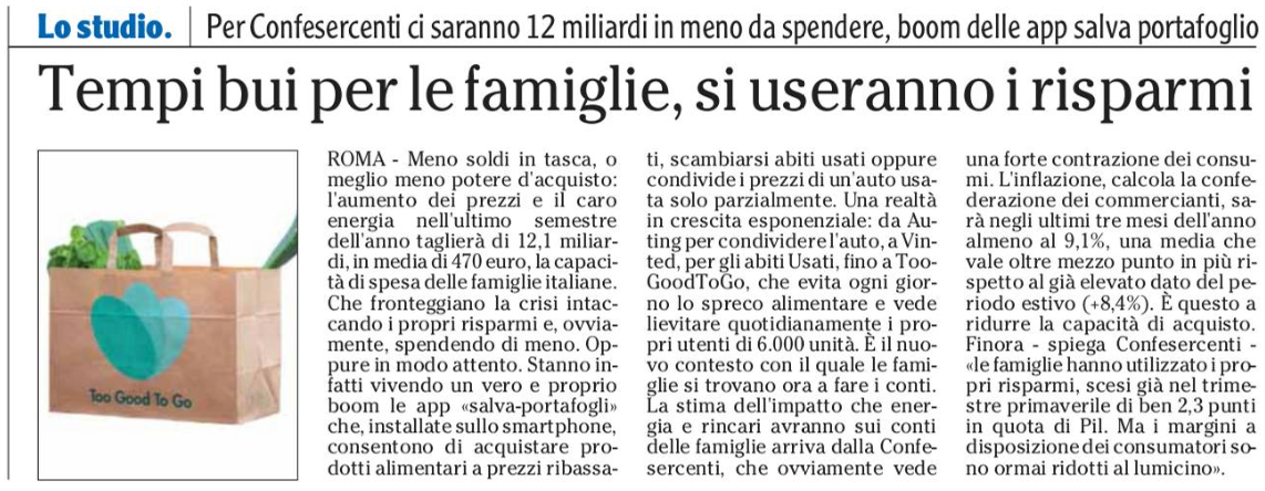 Per Confesercenti ci saranno 12 miliardi in meno da spendere, boom delle app salva portafoglio. L'Adige, 10 ottobre 2022.