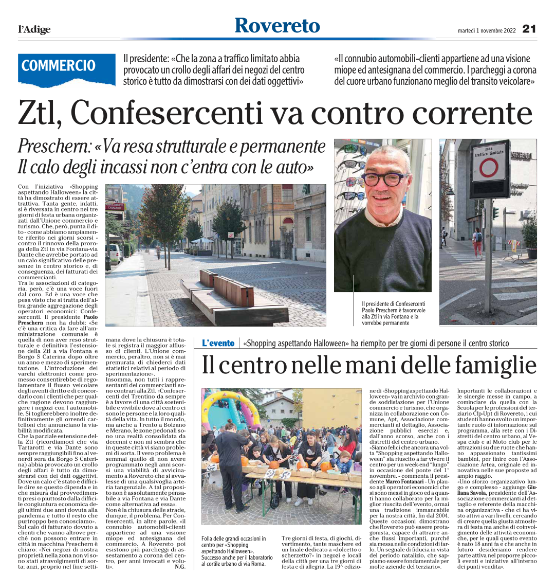 "Zlt, Confesercenti va contro corrente" - Preschern Paolo, Presidente Confesercenti di Rovereto; L'Adige, 1 novembre 2022.