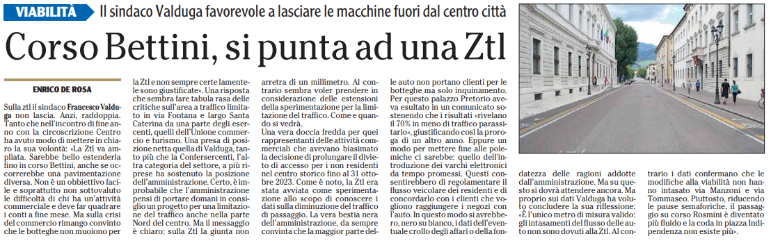 Viabilità di Rovereto: il sindaco Valduga favorevole a lasciare le macchine fuori dal centro città. L'Adige, 22 novembre 2022.