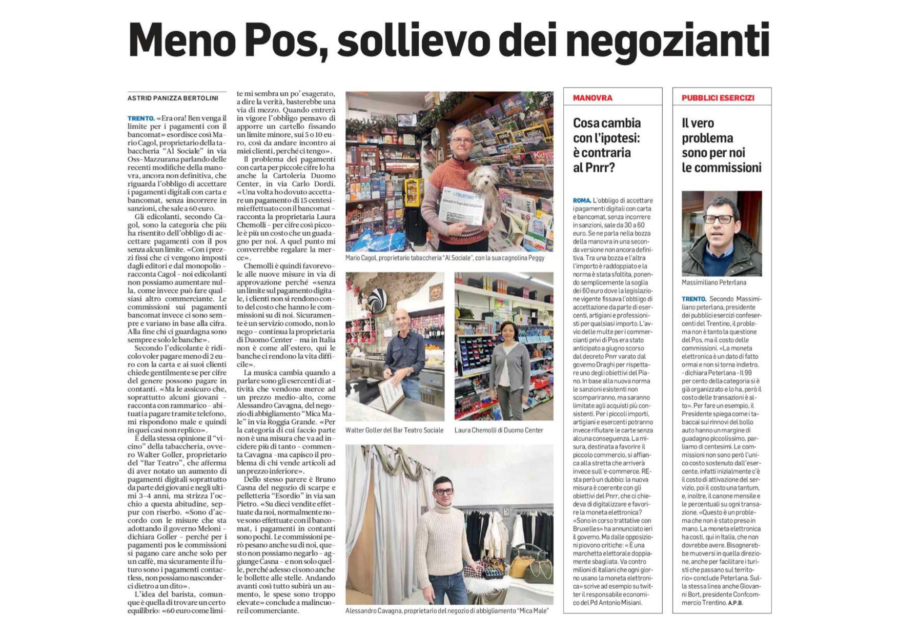 Meno Pos, sollievo dei negozianti. Il Vice Presidente vicario Confesercenti Trentino Masssimilinao Peterlana. Il vero problema sono per noi le commissioni.
