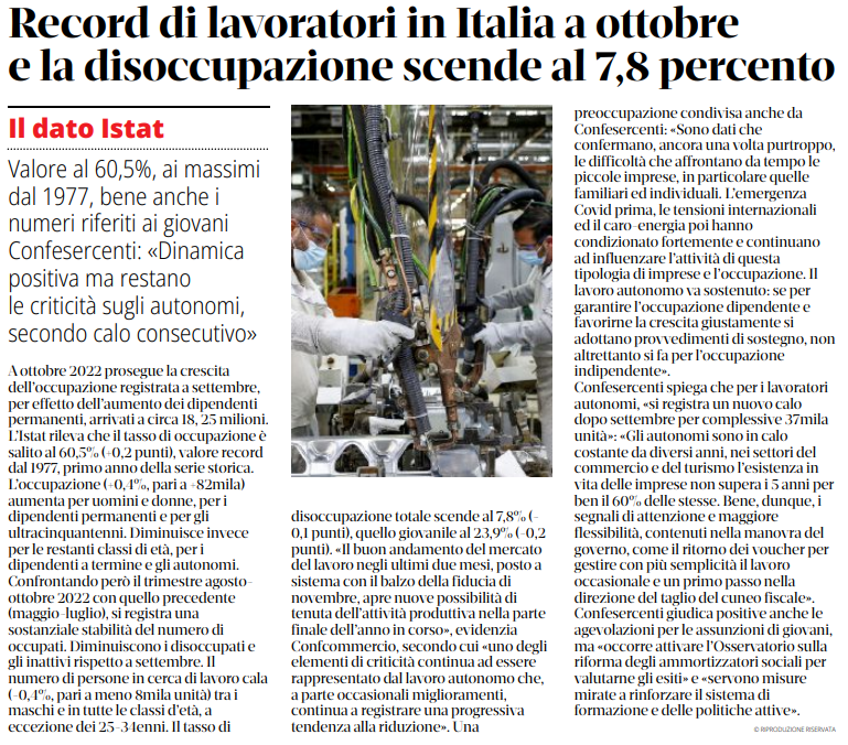 Confesercenti Nazionale "Dinamica positiva ma restano le criticità sugli autonomi, secondo calo consecutivo". il T, 2 dicembre 2022.
