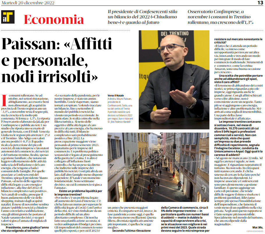 Mauro Paissan, Presidente di Confesercenti del Trentino: "Affitti e personale, nodi irrisolti"; Il T, 20 dicembre 2022.