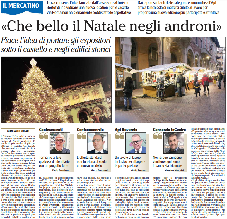 Rovereto: "Che bello il Natale negli androni".

Paolo Preschern, Presidente Confesercenti di Rovereto: "Torniamo a fare qualcosa di identitario con un progetto forte". L'Adige, 11 gennaio 202