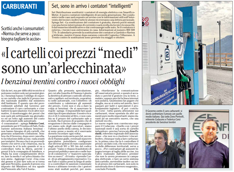 I benzinai trentini contro i nuovi obblighi. Federico Corsi, presidente Faib del Trentino.

L'Adige, 12 gennaio 2023.