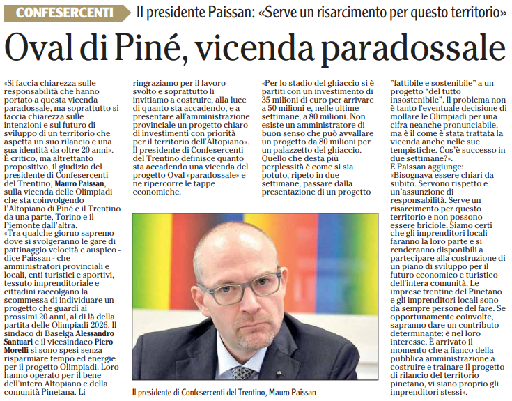 Mauro Paissan - Presidente Confesercenti del Trentino "Risarcire Piné, ma non briciole: serve un piano". L'Adige, 13 gennaio 2023.