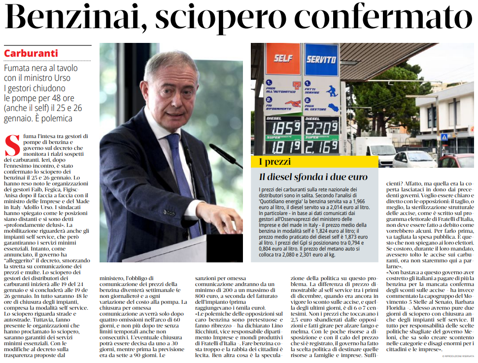 Benzinai, sciopero confermato.

Il T, 20 gennaio 2023.
