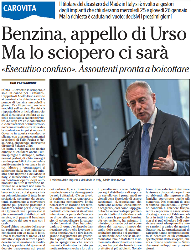 Benzina, appello di Urso. Ma lo sciopero ci sarà.

L'Adige, 23 gennaio 2023.