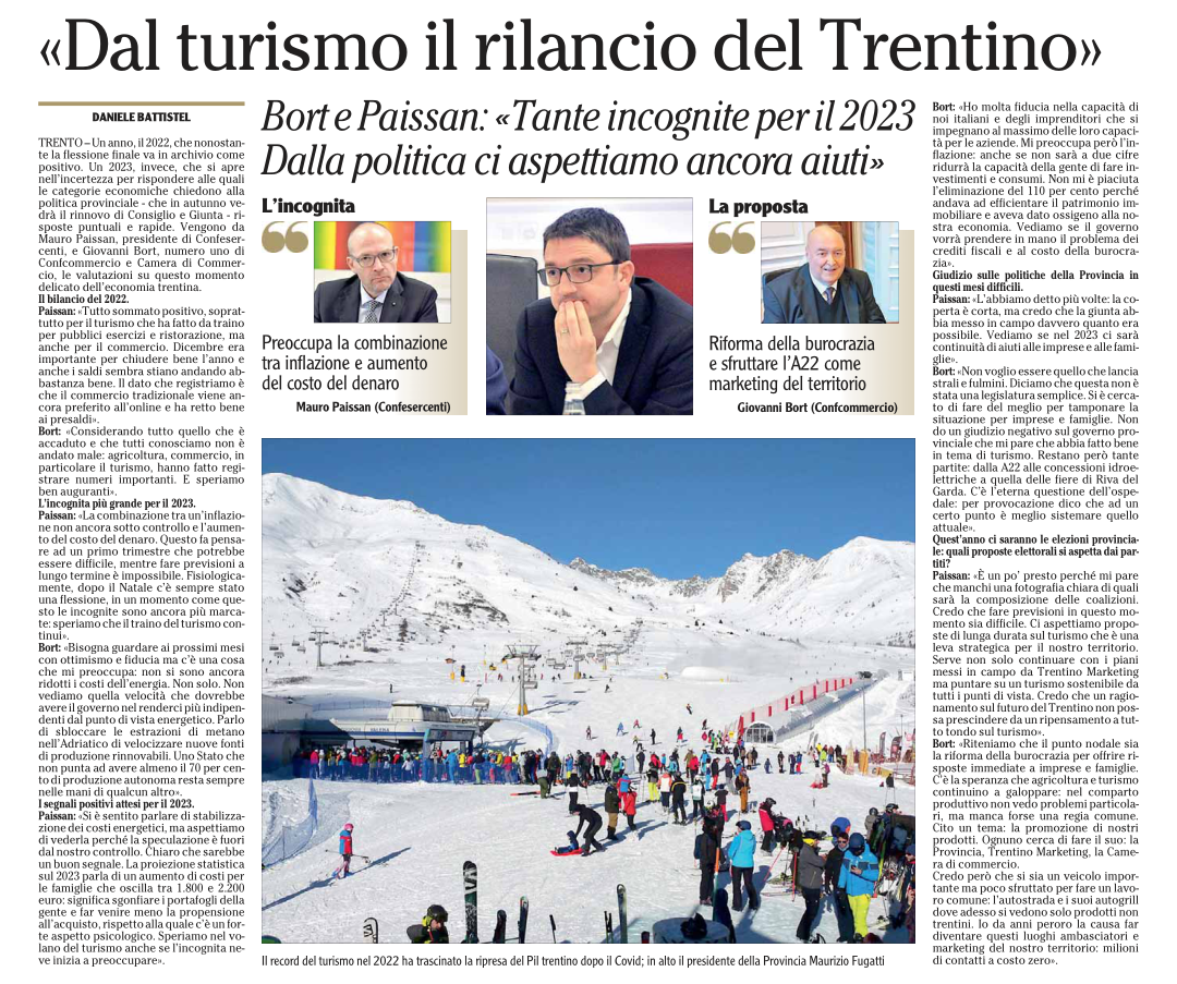 Tante incognite per il 2023, preoccupa la combinazione tra inflazione e costo del denaro. Intervista del Presidente Confesercenti del Trentino Mauro Paissan l'Adige del 7.01.2023.