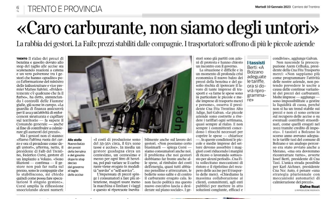 La rabbia dei gestori: "Caro carburanti, non siamo degli untori".

Federico Corsi, presidente della Faib del Trentino: prezzi stabiliti dalle compagnie.

Corriere del Trentino, 10 gennaio 202