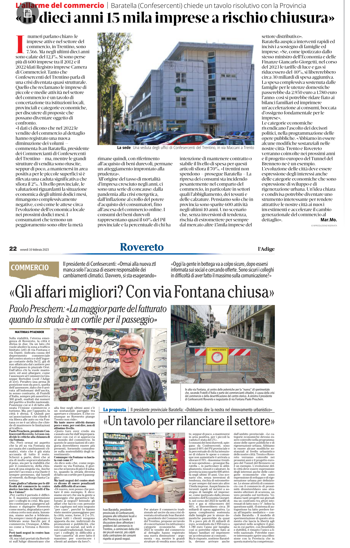 Commercio al dettaglio settore importante per la nostra economia locale. Intervista presidente provinciale Commercianti del Trentino Ivan Baratella e presidente Confesercenti Vallagarina Paolo Presche