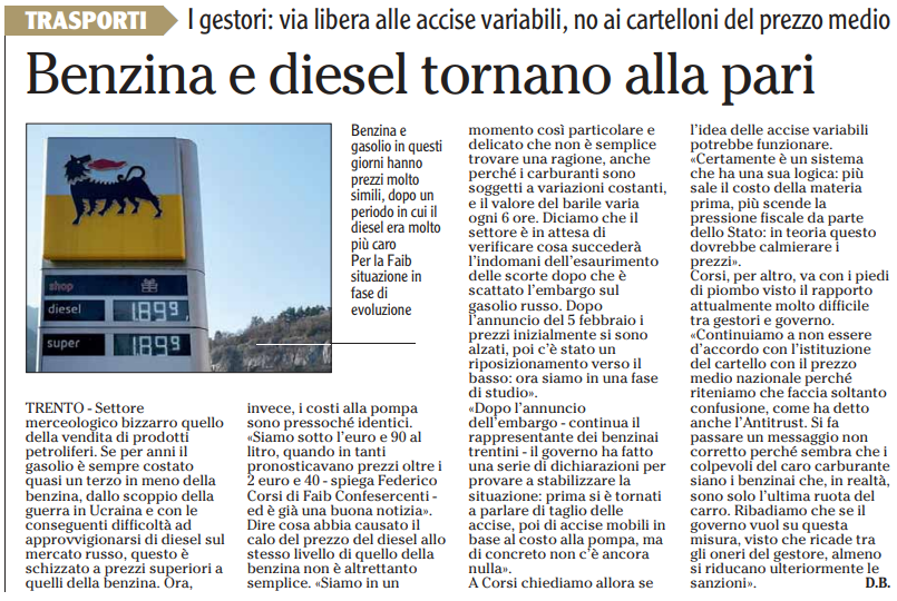 Benzina e diesel tornano alla pari - Federico Corsi, Presidente FAIB del Trentino; L'Adige; 14 febbraio 2023.