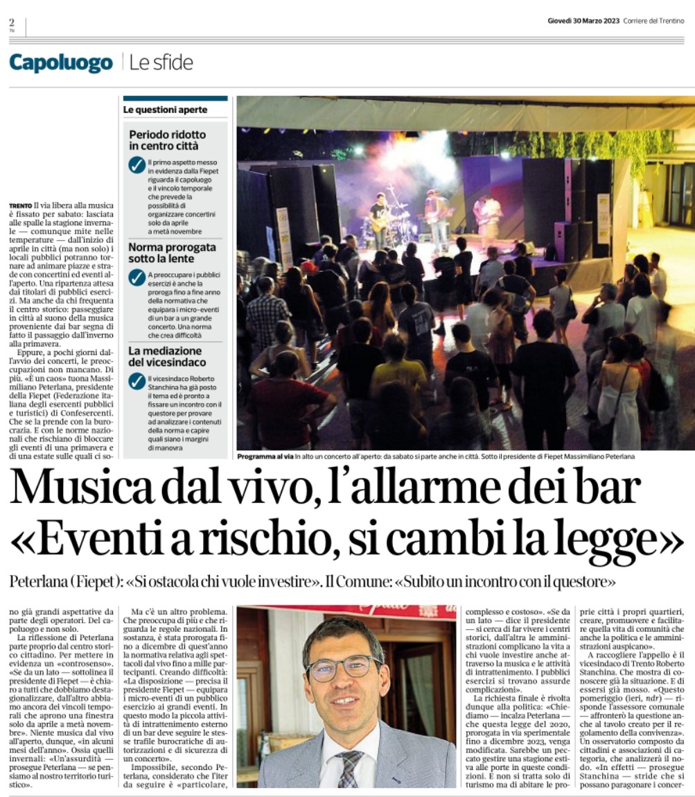 CONCERTINI ALLAPERTO 

E PICCOLI EVENTI ESTERNI AI LOCALI 

È CAOS 



Massimiliano Peterlana (presidente Fiepet/Confesercenti): 



La normativa su autorizzazioni e sicurezza equipara piccoli e