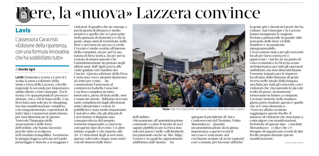 Fiera della Lazzera, la "nuova" formula è la collaborazione continua tra l'ente pubblico e associazioni di categoria il successo è assicurato. Intervista del presidente provinciale ANVA del Tren