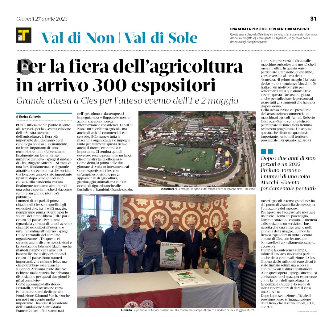 Per la fiera dell'agricoltura in arrivo 300 espositori.

il T Quotidiano, 27 aprile 2023.