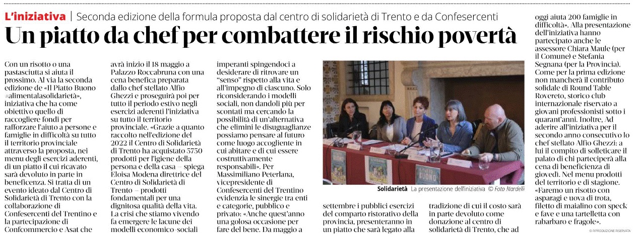 Un piatto da chef per combattere il rischio povertà.

Seconda edizione della formula proposta dal centro di solidarietà di Trento e da Confesercenti Trentino.

Massimiliano Peterlana, Vice Presiden