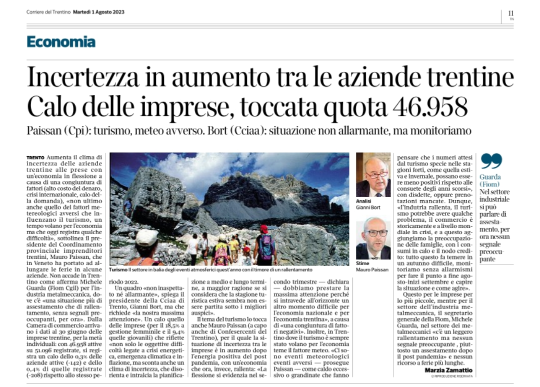 Incertezza in aumento tra le aziende trentine, intervista Presidente Confesercenti del Trentino @mauro_paissan e presidente CPI. 1 Agosto 2023 Corriere del Trentino.