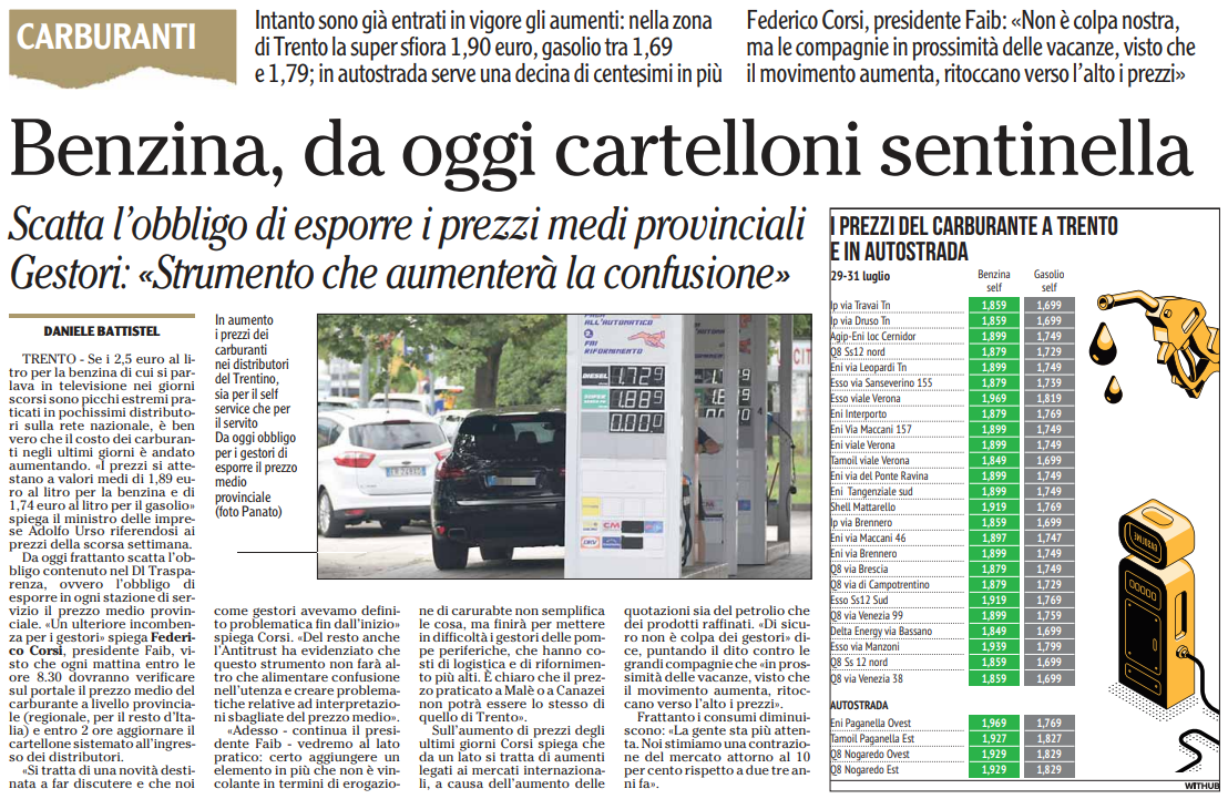 Benzina, da oggi cartelloni sentinella.

Federico Corsi, Presidente Faib: "Non è colpa nostra, ma le compagnie in prossimità delle vacanze, visto che il movimento aumenta, ritoccano ver
