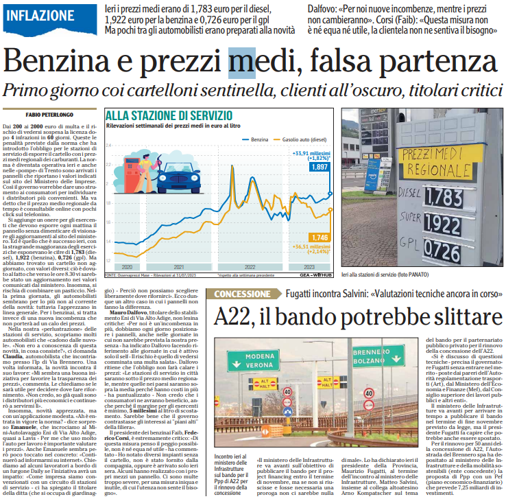 Benzina e prezzi medi, falsa partenza.

Federico Corsi, Presidente FAIB del Trentino: "Questa misura non è né equa né utile, la clientela non ne sentiva il bisogno"; L'Adige, 2 agosto 2