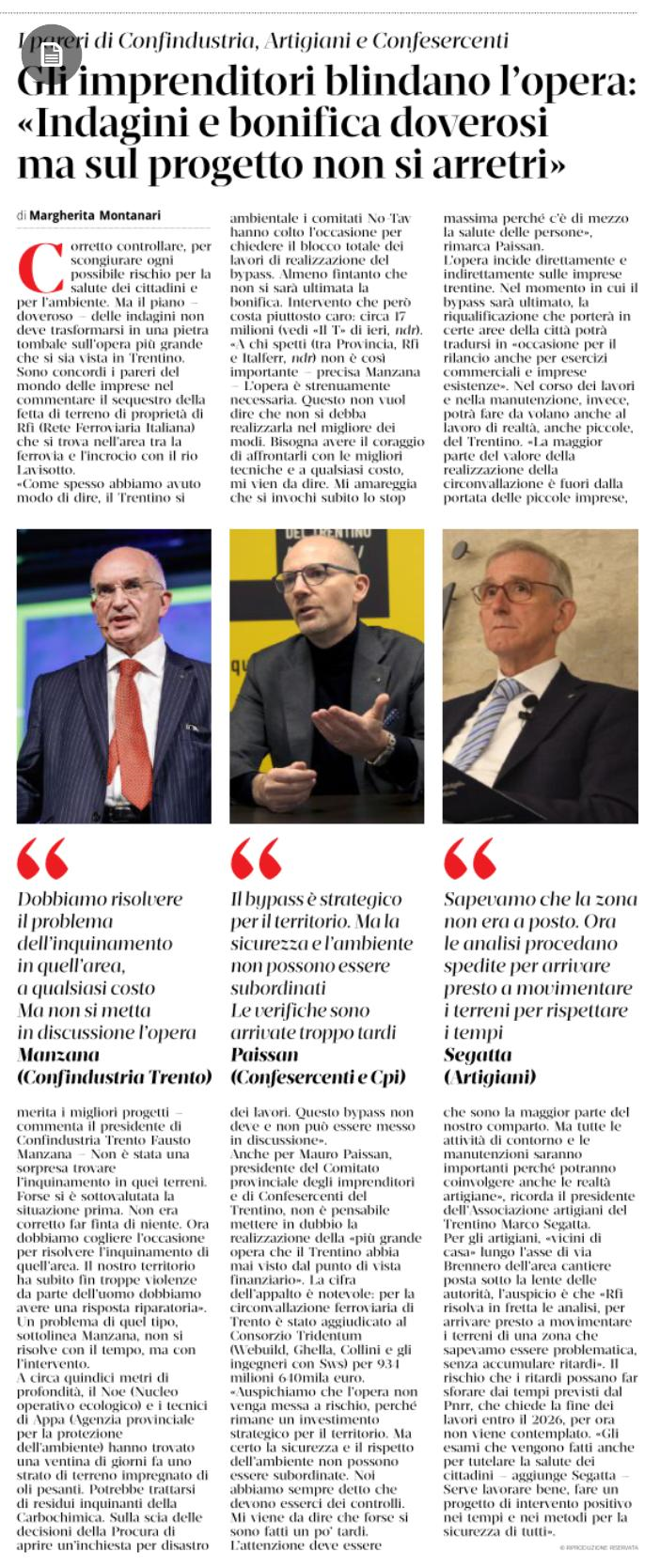 Il baypass: i pareri di Confindustria, Artigiani e Confesercenti.

Gli imprenditori blindano l'opera: "Indagini e bonifica doverosi ma sul progetto non si arretri"; il T Quotidiano, 3 agosto