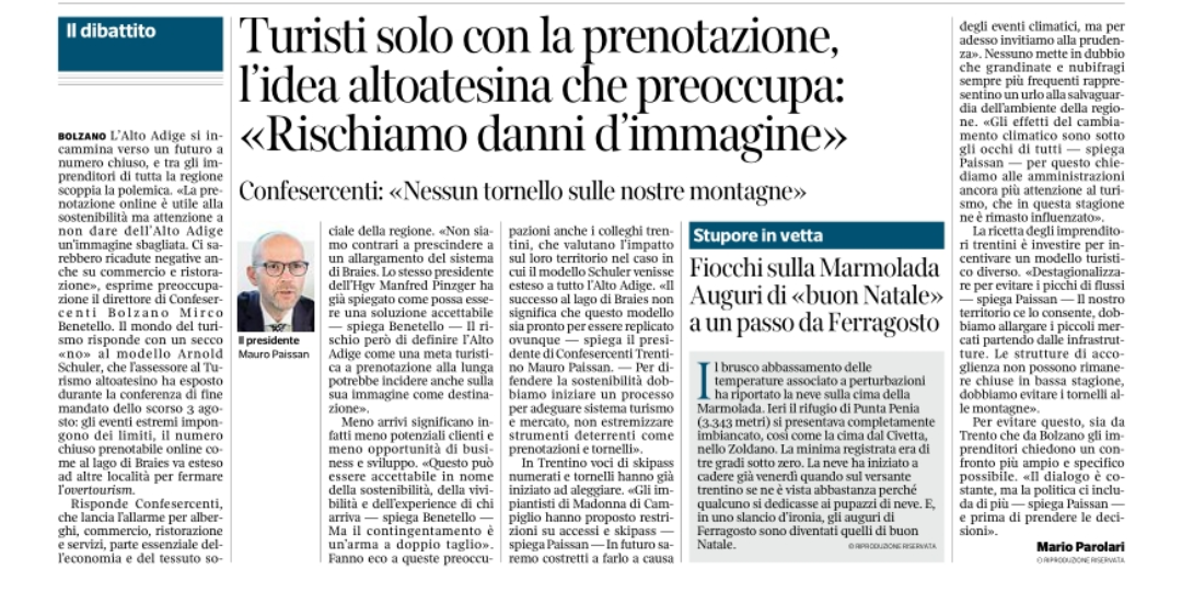 Nessun tornello sulle nostre montagne. Dobbiamo incentivare la destagionalizzazione, il nostro territorio ce lo consente. Intervista Mauro Paissan  Presidente Confesercenti del Trentino . 6 agosto