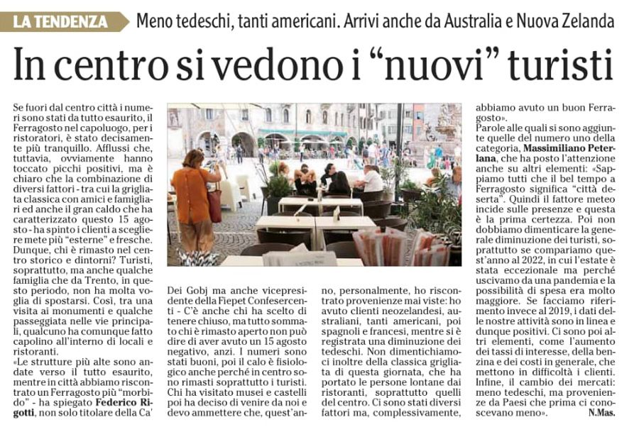 In città si vedono i "nuovi" turisti.

L'Adige - Quotidiano indipendente del Trentino Alto Adige, 17 agosto 2023.