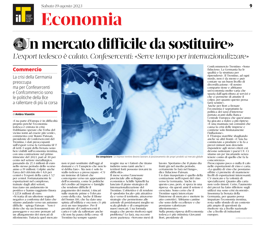 Export tedesco rallenta.Serve tempo per internazionalizzare le imprese. Intervista presidente Mauro Paissan 19 agosto 2023 il T quotidiano.
