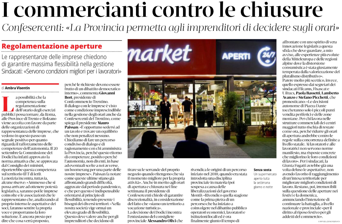 I commercianti contro le chiusure.

Mauro Paissan, Presidente di Confesercenti Trentino: "La Provincia permetta agli imprenditori di decidere sugli orari"; il T Quotidiano, 22 settembre 2023.