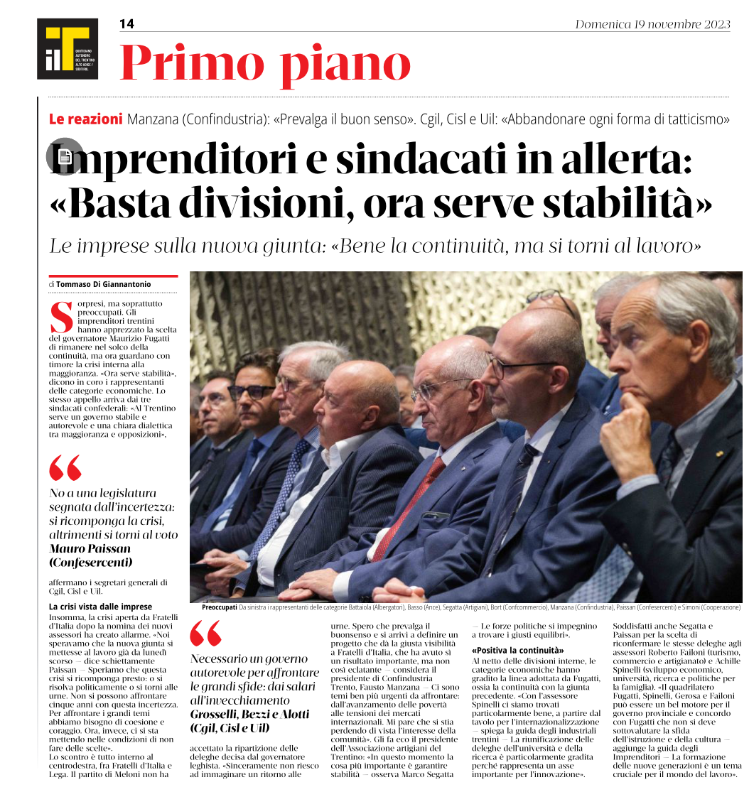 Intervista del Presidente Confesercenti del Trentino Mauro Paissan a seguito della conferenza stampa della nuova giunta provinciale.

No a una legislatura segnata dall' incertezza: si ricomponga la