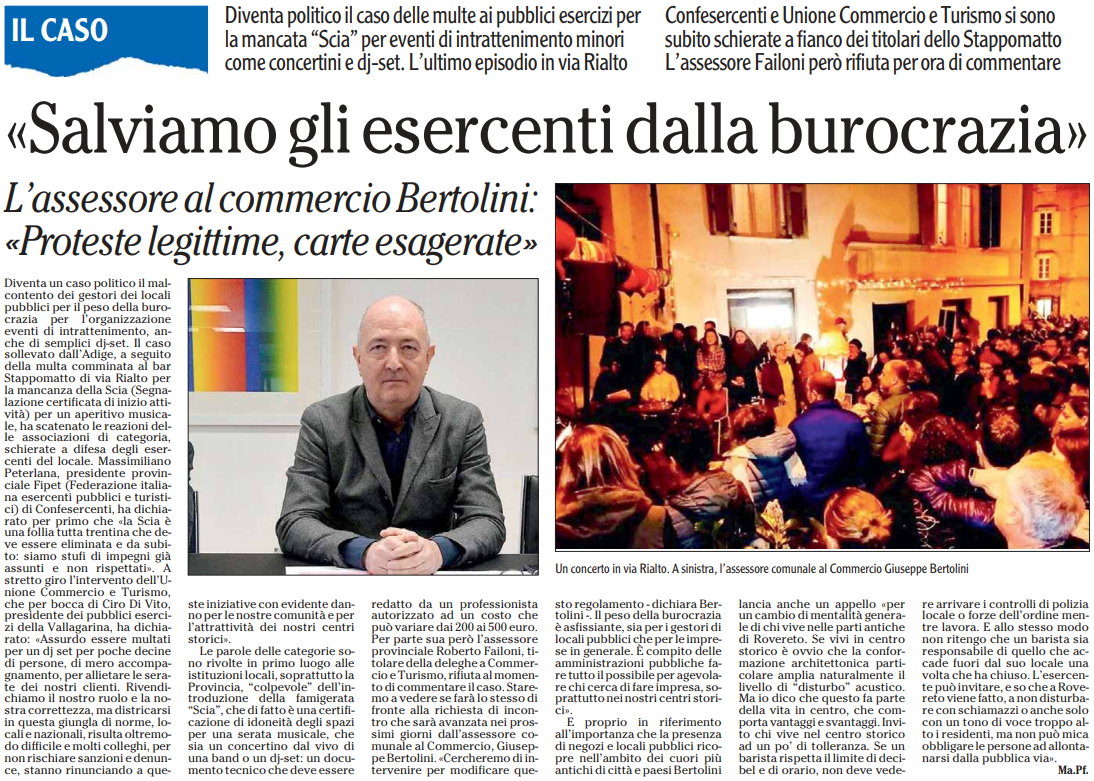 Rovereto il caso: "Salviamo gli esercenti dalla burocrazia".

Massimiliano Peterlana, Presidente Fiepet del Trentino: "la Scia è una follia tutta trentina che deve essere eliminata da subito: siamo