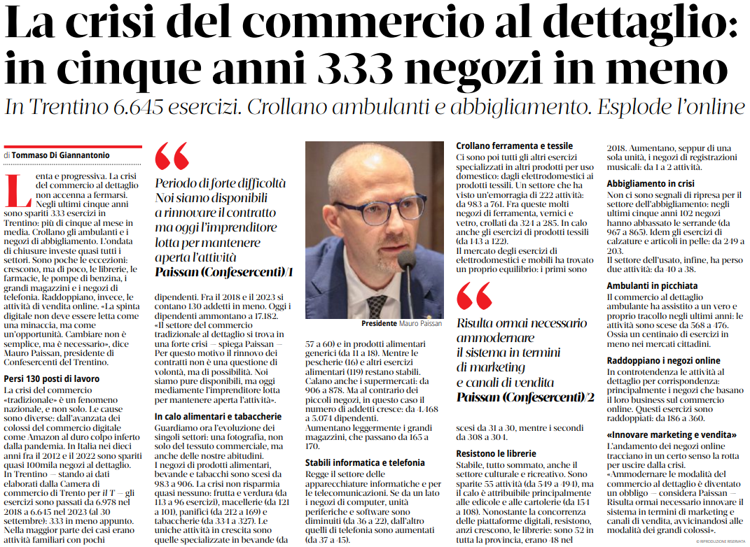 La *crisi del commercio* al dettaglio colpisce anche in Trentino! In soli cinque anni, 333 negozi hanno chiuso i battenti. La situazione è particolarmente difficile per gli *ambulanti e il settore