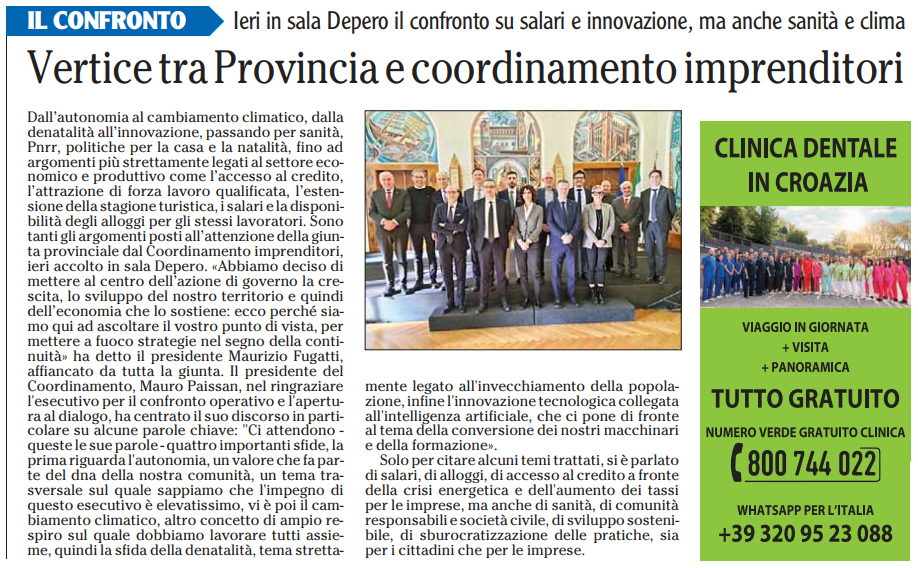 Vertice tra Provincia Autonoma Di Trento e Coordinamento Provinciale Imprenditori: confronto su salari e innovazione, ma anche sanità e clima.

Mauro Paissan - Presidente Confesercenti del Trentino