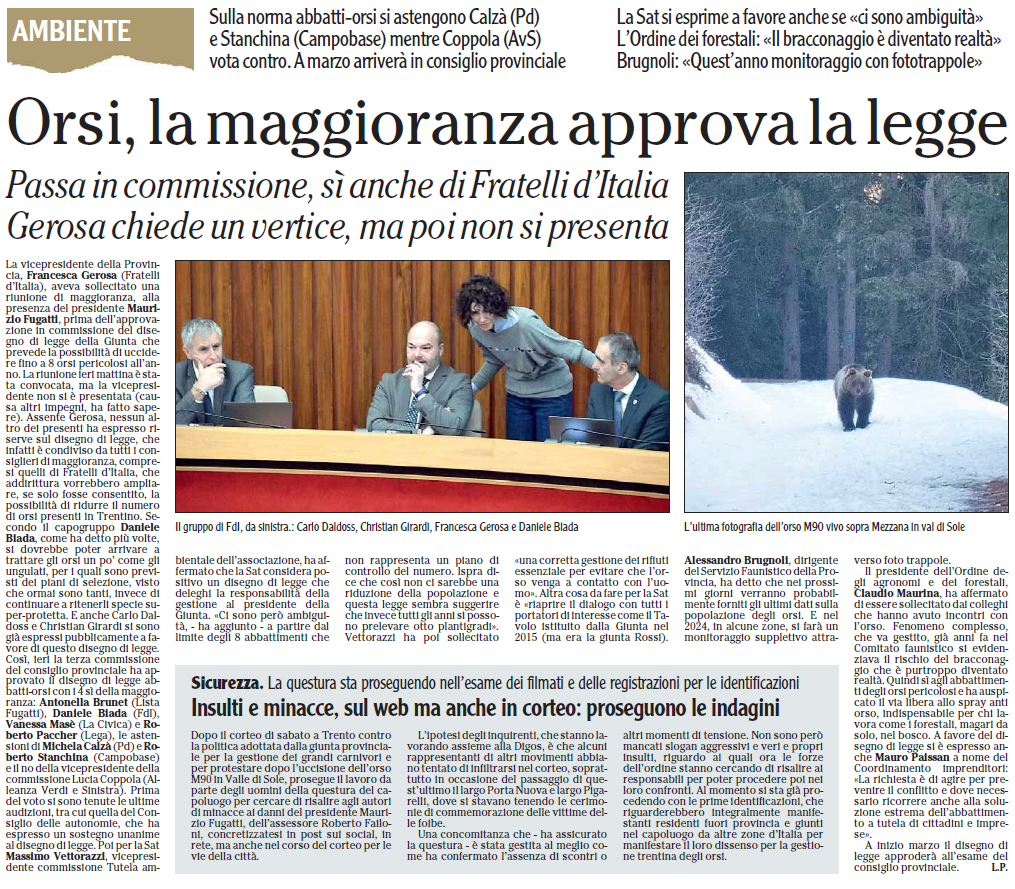 ㈖6; Serve un piano per gestire i grandi carnivori in Trentino, tutelando la sicurezza e le attività economiche. Confesercenti del Trentino chiede azioni decisive per prevenire i conflitti uom