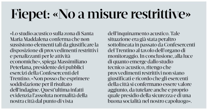 ㈚6; Problema di rumore in via Santa Maddalena! Massimiliano Peterlana , Presidente Fiepet del Trentino, si pronuncia: "Niente misure restrittive!" ㉄3;

il T Quotidiano, 21 febbrai