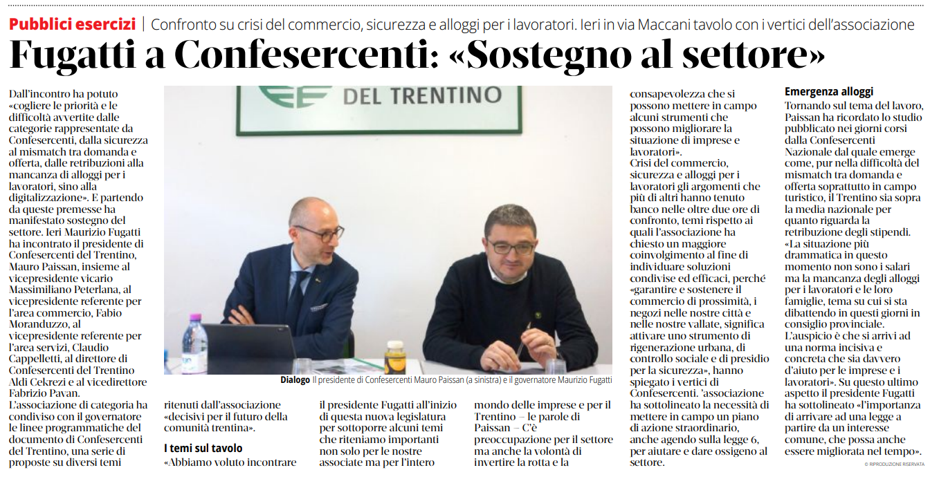 Confronto su crisi del commercio, sicurezza e alloggi per i lavoratori. Ieri in via Maccani tavolo con i vertici dellassociazione. Fugatti a Confesercenti: "Sostegno al settore".

Il T, 12 marz