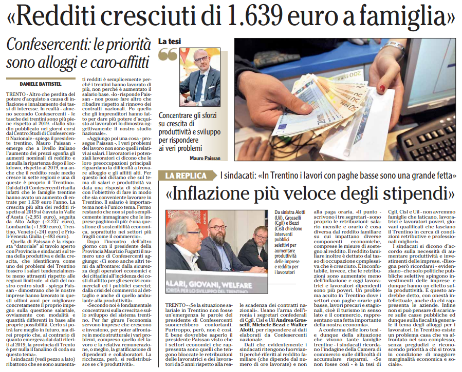 Confesercenti difende gli stipendi trentini! "Il vero problema risiede nell'accesso alla casa. Concentriamoci sulla crescita della produttività e lo sviluppo per affrontare efficacemente questa sfi