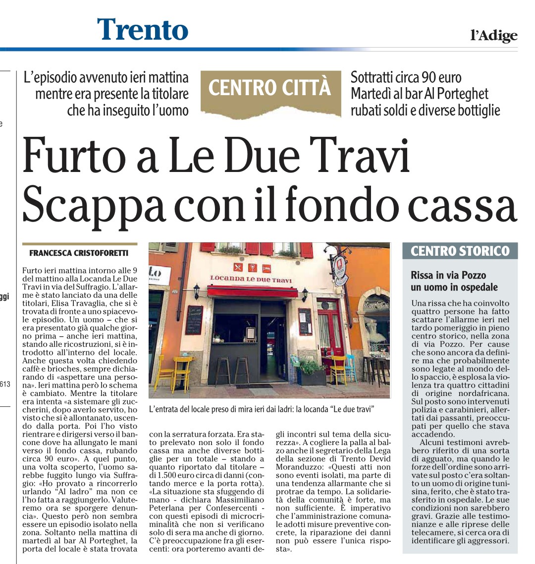 Massimiliano Peterlana Presidente FIEPET Confesercenti del Trentino esprime preoccupazione per questa ondata di microcriminalità che non risparmia neanche le ore diurne. Gli esercenti sono in ansia