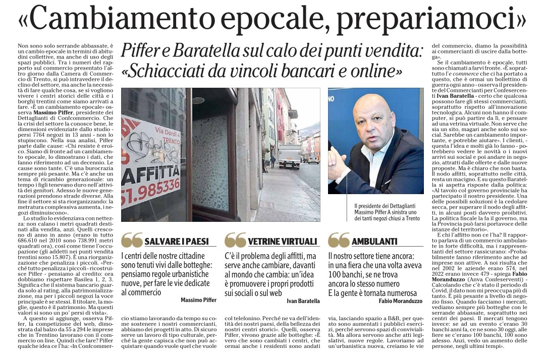 I presidenti del settore commerciale, Fabio Moranduzzo di Anva Confesercenti e Ivan Baratella di Confesercenti, condividono le loro opinioni sul futuro del commercio. Adige 19 aprile 2024