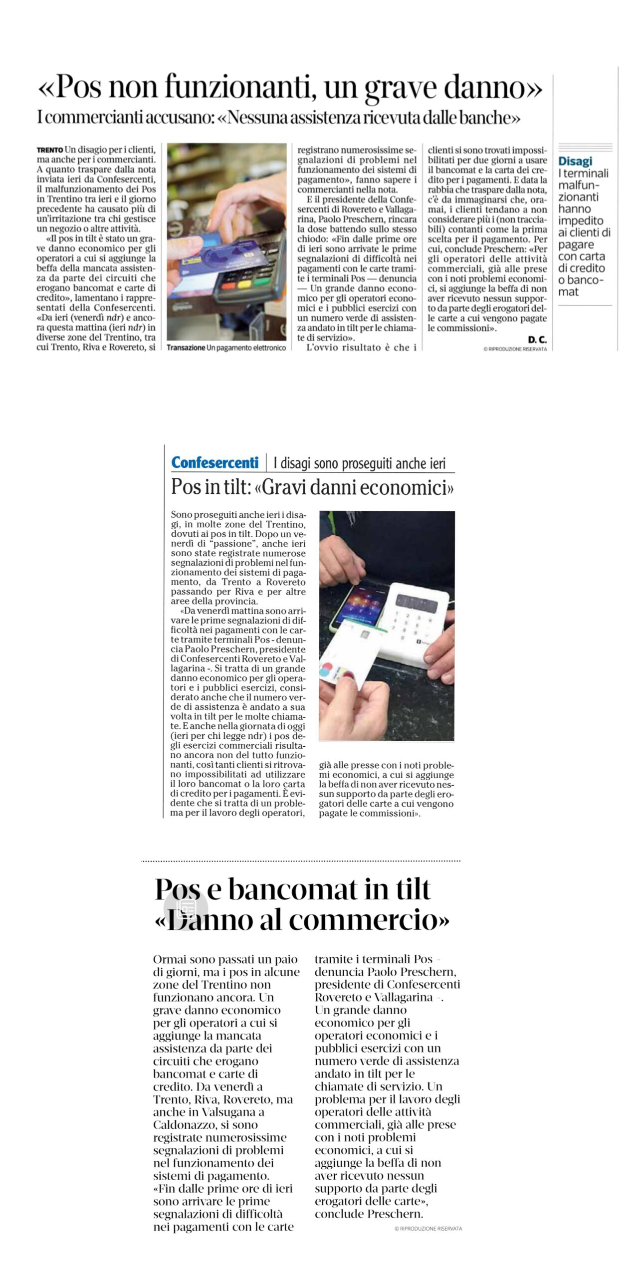 POS in tilt un grave danno economico per gli operatori economici nota di Paolo Preschern, Presidente Confesercenti Vallagarina. Adige, IlT e Corriere del Trentino 9 giugno 2024.